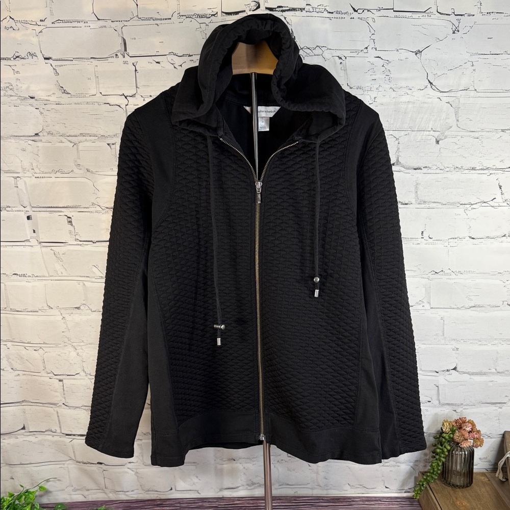 Christopher & Banks Black Quilted Full Zip‎ Hoodie Hooded Jacket with Pockets